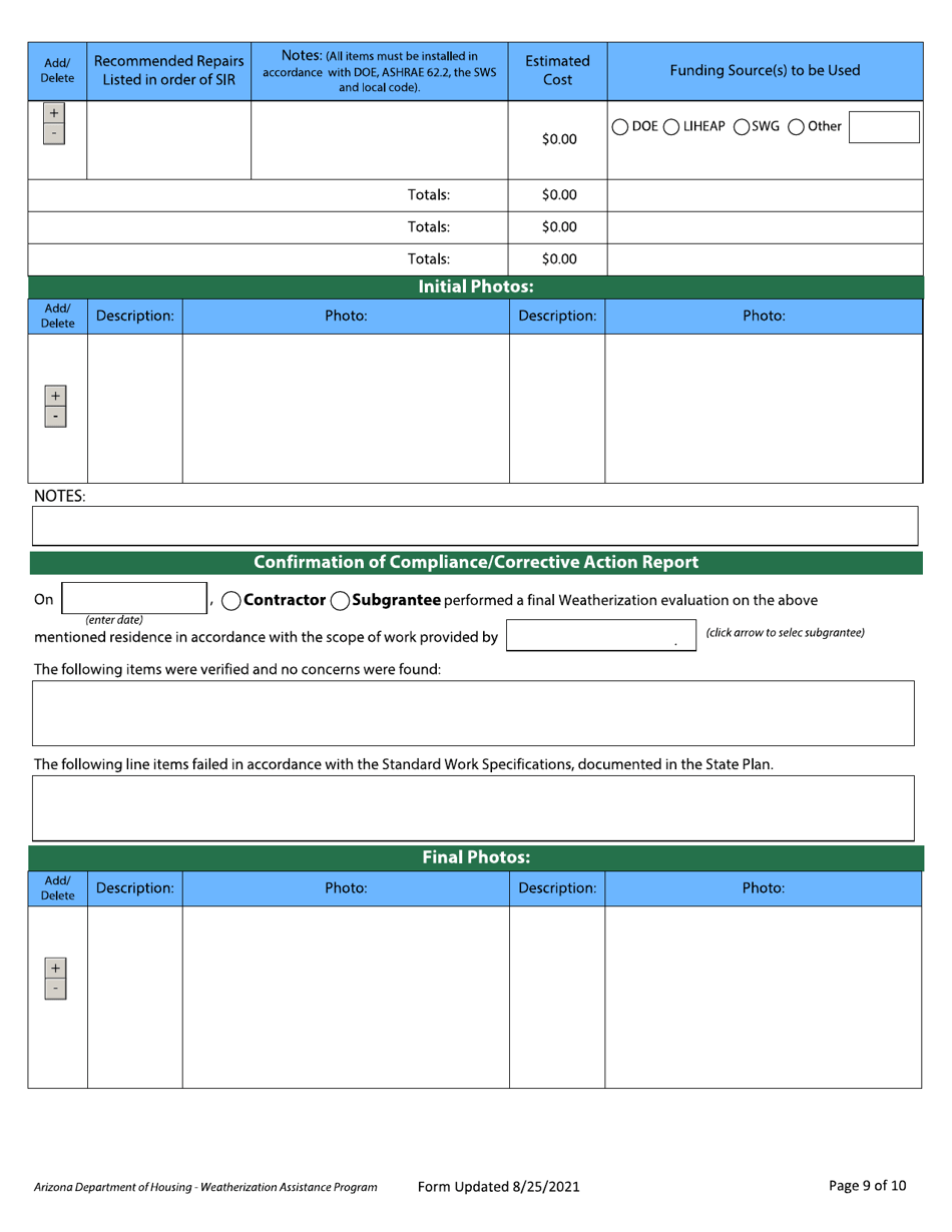 Residential Diagnostic Evaluation - Weatherization Assistance Program - Arizona, Page 9
