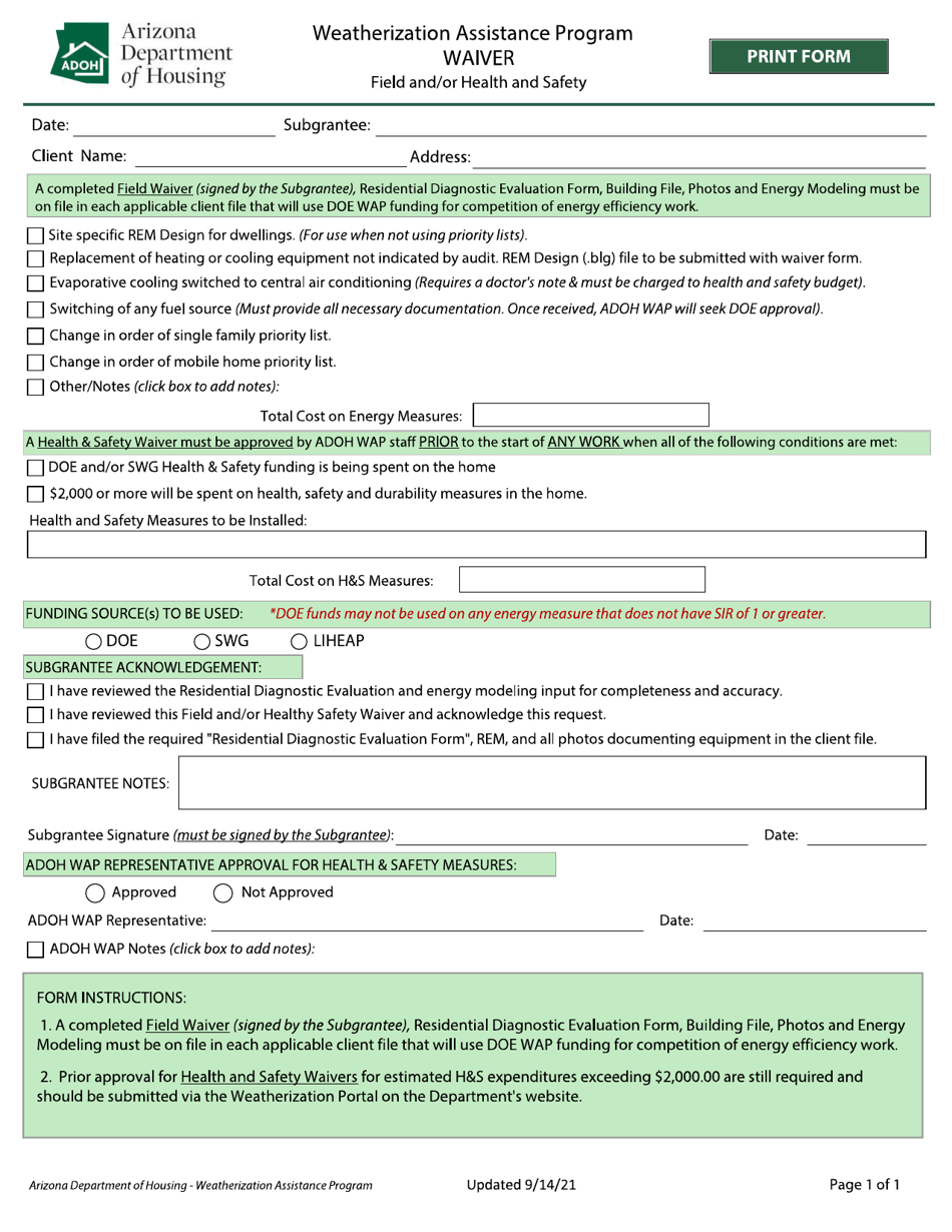 Waiver Form - Weatherization Assistance Program - Arizona, Page 1