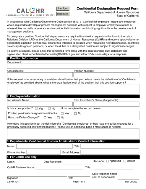 Form CALHR124 Confidential Designation Request Form - California