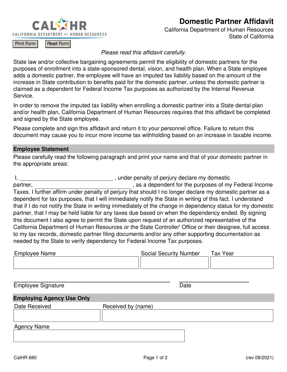 Form CALHR680 Download Fillable PDF or Fill Online Domestic Partner ...