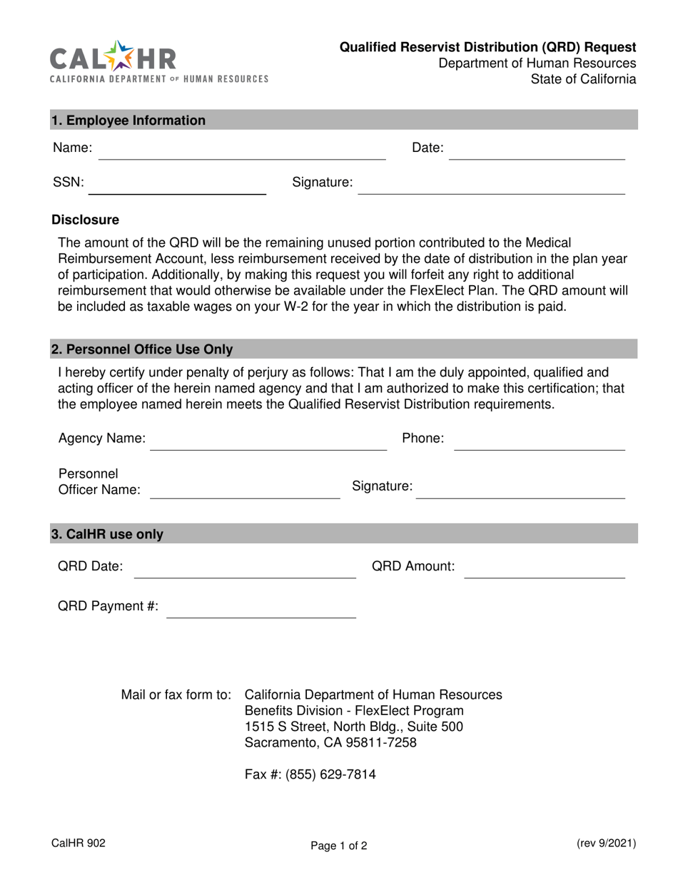 Form CALHR902 Qualified Reservist Distribution (Qrd) Request - California, Page 1