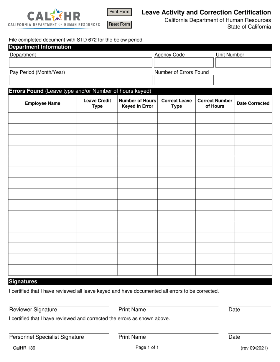 Form CALHR139 Leave Activity and Correction Certification - California, Page 1