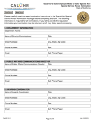 Form CALHR012 &quot;Governor's State Employee Medal of Valor Special Act/Special Service Award Nomination&quot; - California