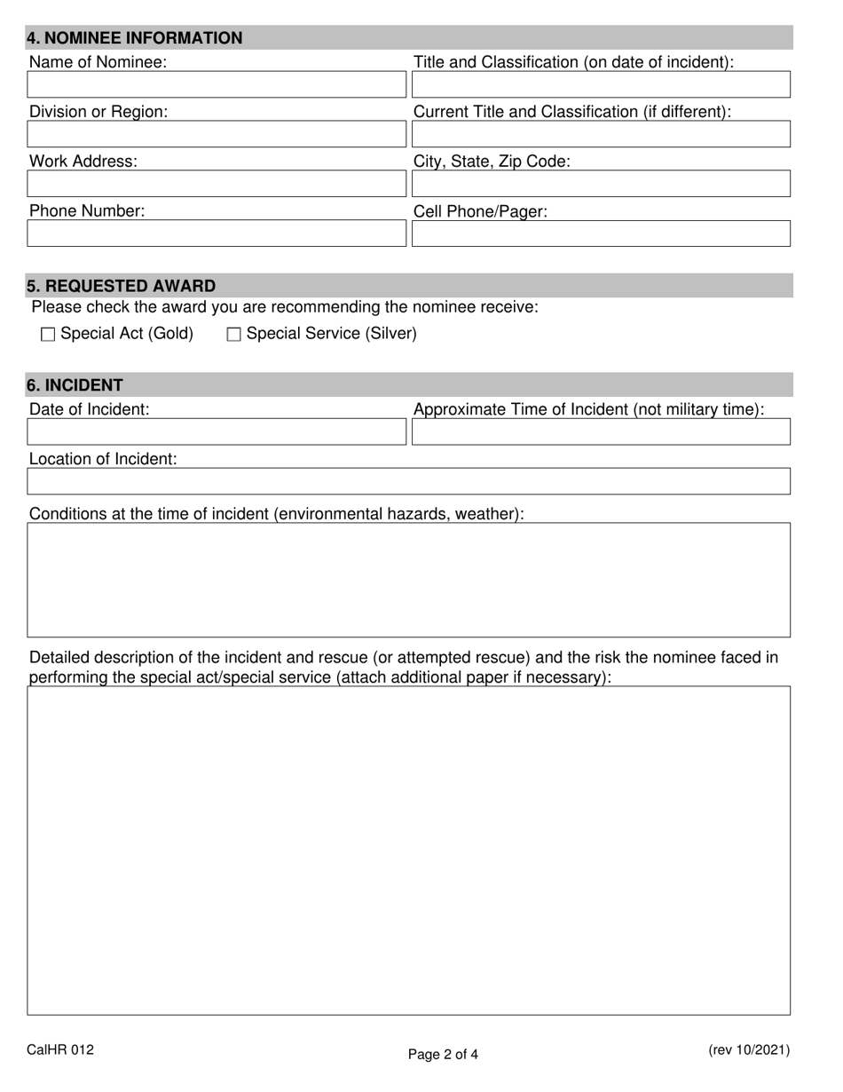Form CALHR012 Governors State Employee Medal of Valor Special Act / Special Service Award Nomination - California, Page 2