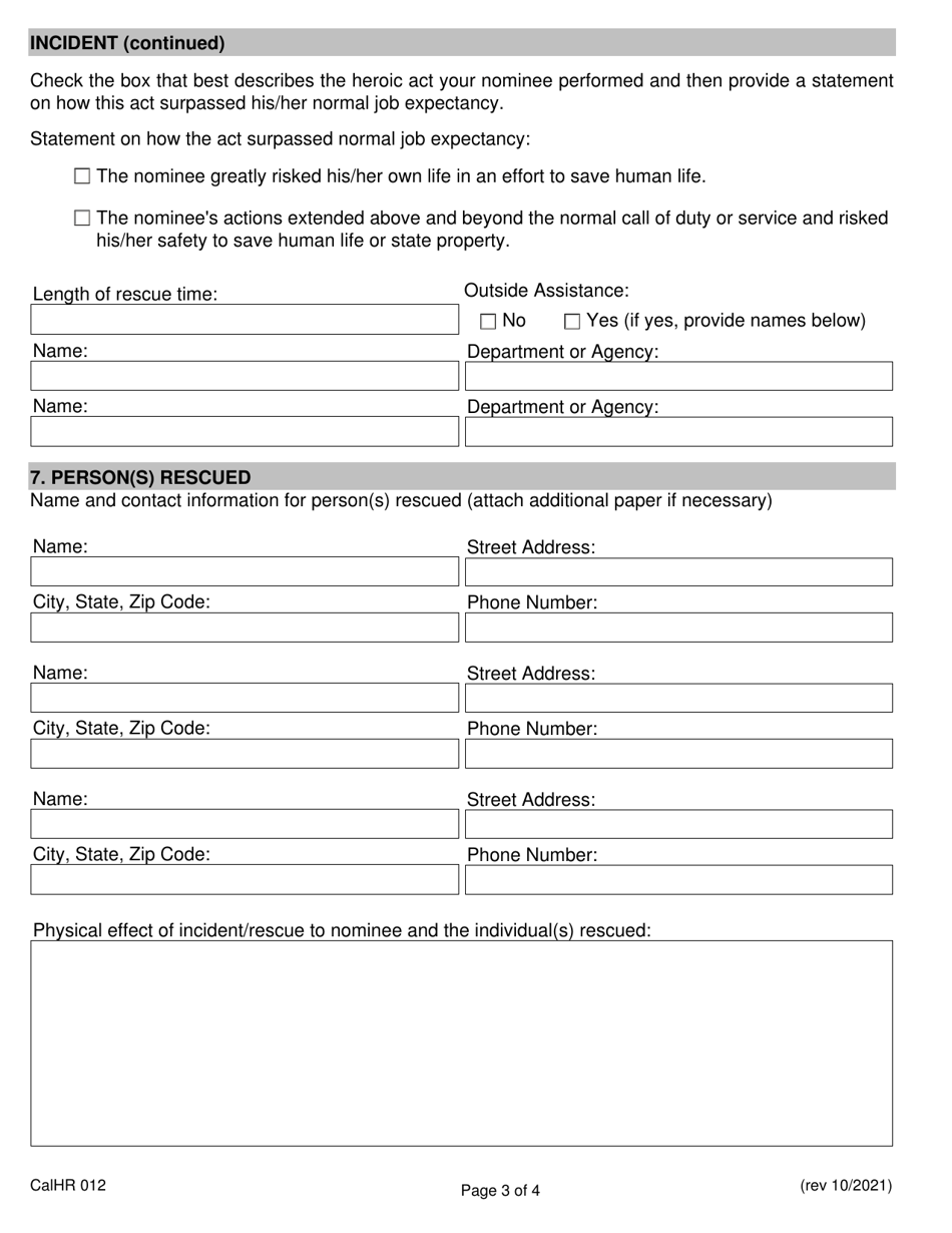 Form CALHR012 Governors State Employee Medal of Valor Special Act / Special Service Award Nomination - California, Page 3