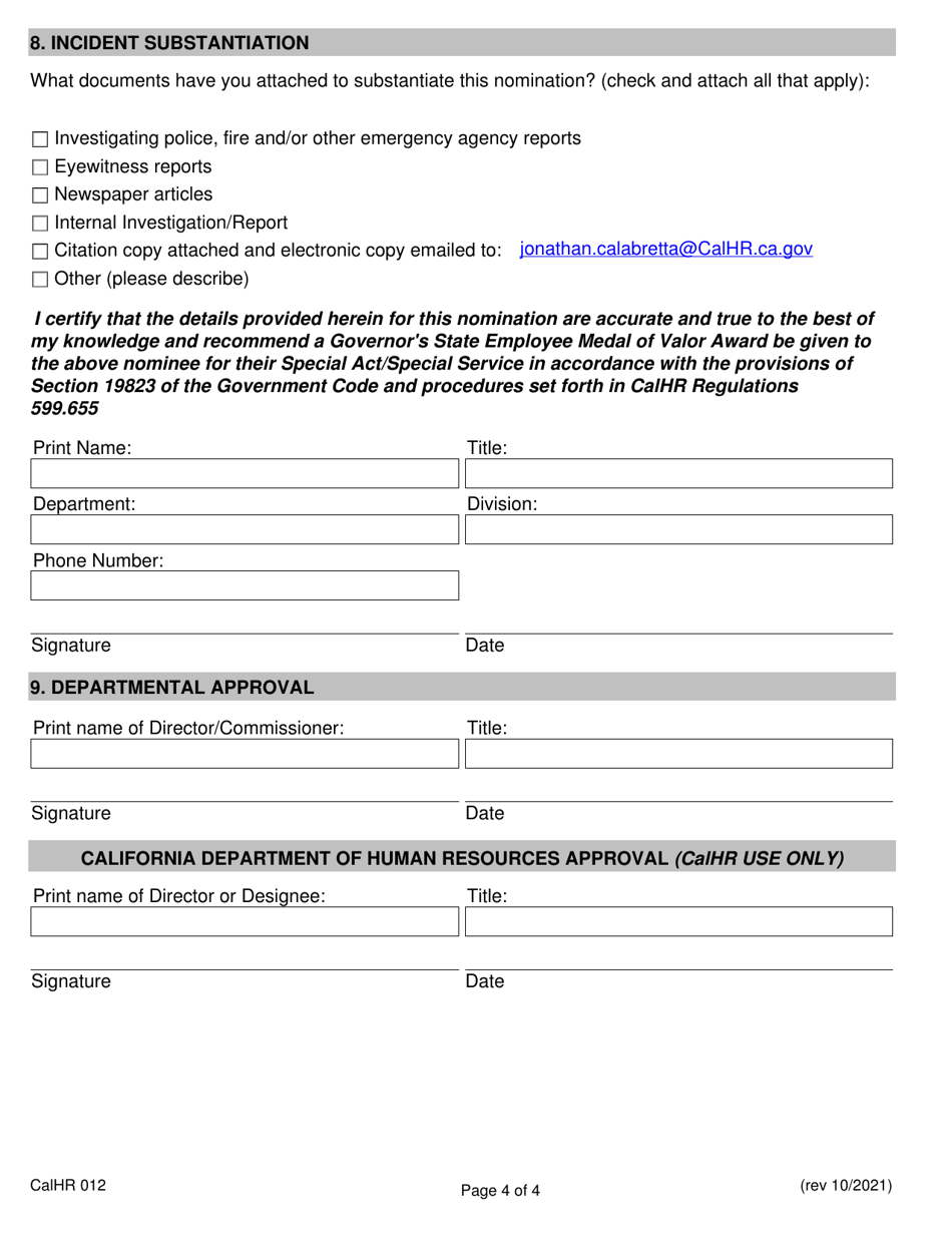 Form CALHR012 Governors State Employee Medal of Valor Special Act / Special Service Award Nomination - California, Page 4