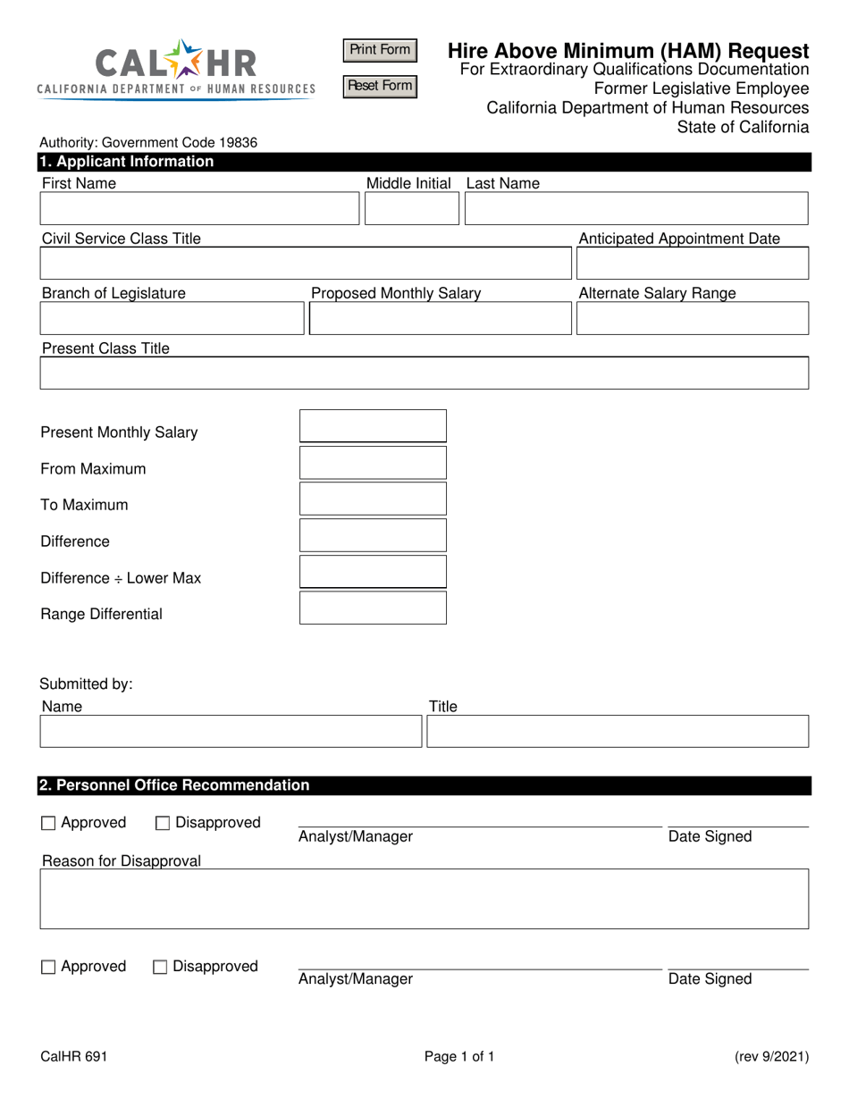Form CALHR691 Hire Above Minimum (Ham) Request - California, Page 1