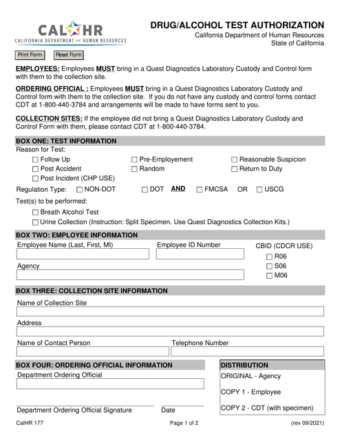Form CALHR177 Drug/Alcohol Test Authorization - California