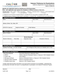 Form CALHR1093 &quot;Veterans' Preference for Examinations&quot; - California