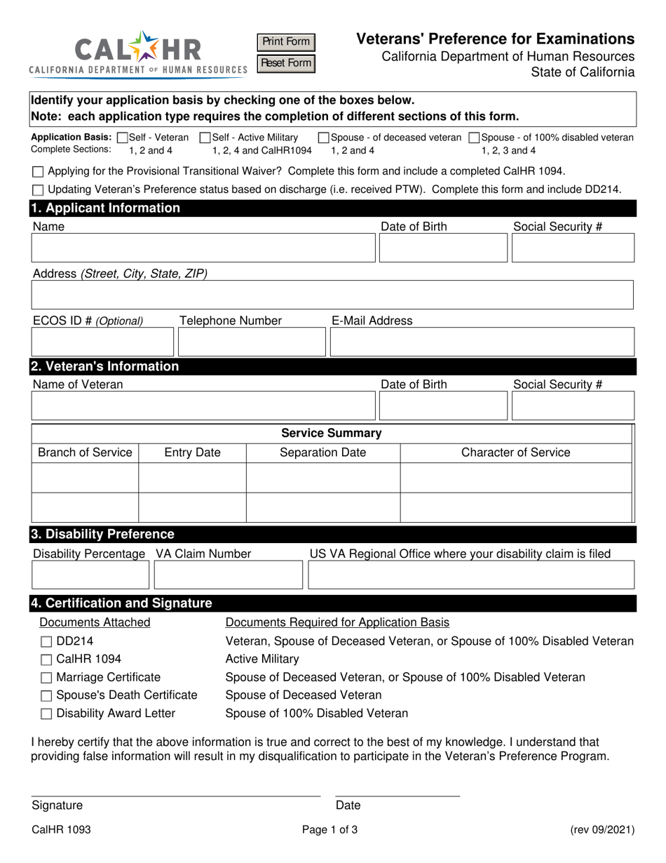 Form CALHR1093 Veterans Preference for Examinations - California, Page 1