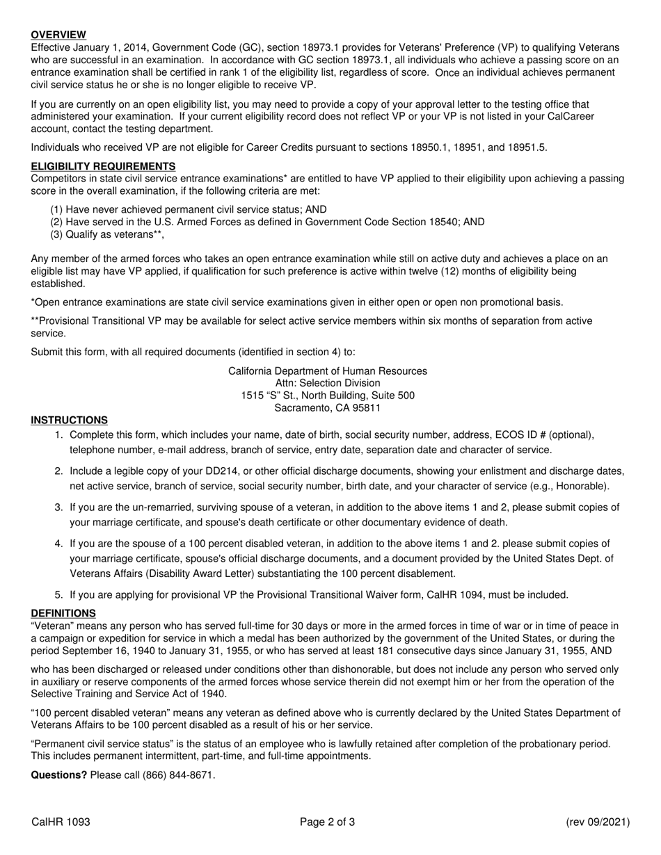 Form CALHR1093 Veterans Preference for Examinations - California, Page 2