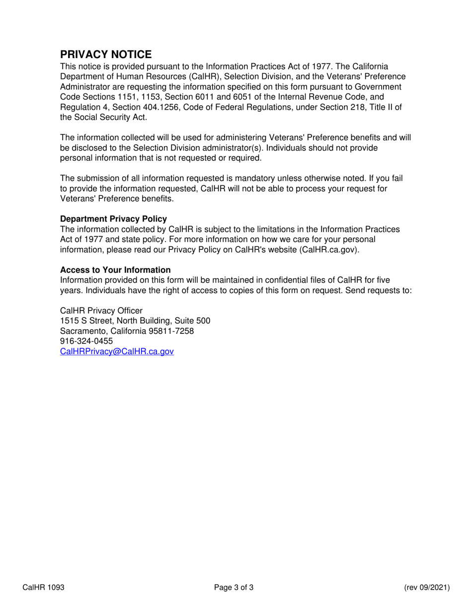Form CALHR1093 Veterans Preference for Examinations - California, Page 3