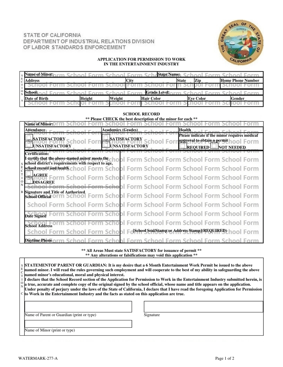 Application for Permission to Work in the Entertainment Industry - California, Page 1