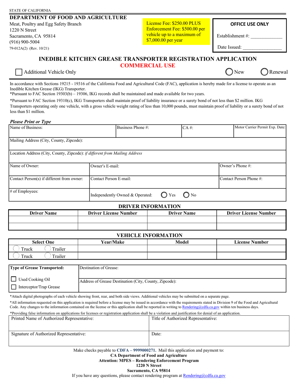 Form 79-012A(2) Inedible Kitchen Grease Transporter Registration Application - Commercial Use - California, Page 1