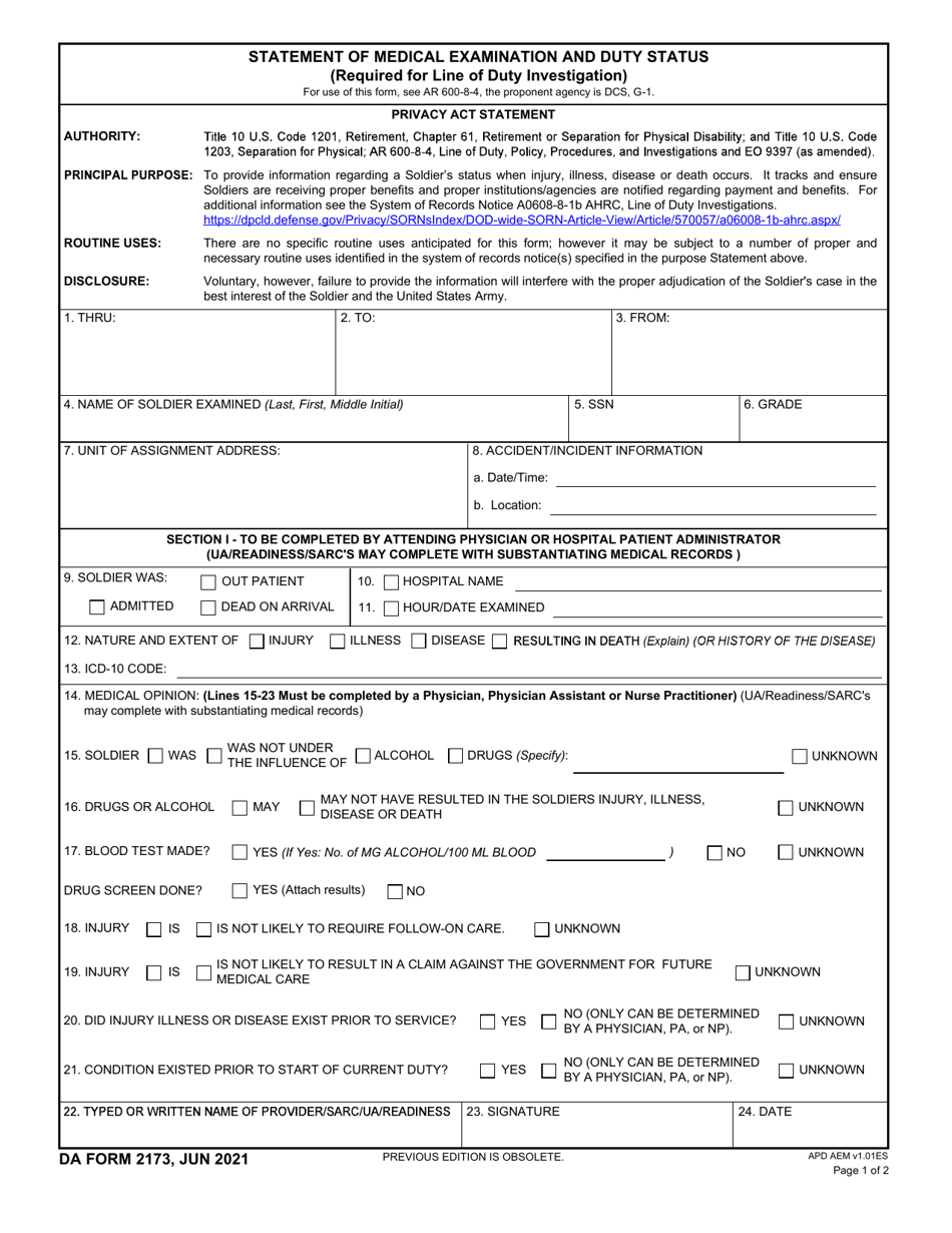 DA Form 2173 Statement of Medical Examination and Duty Status, Page 1