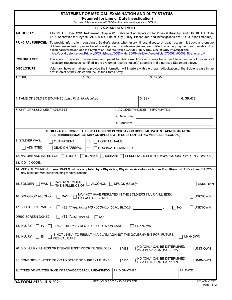 DA Form 2173 Download Fillable PDF or Fill Online Statement of Medical Examination and Duty Status 1972 — 2024 | Templateroller