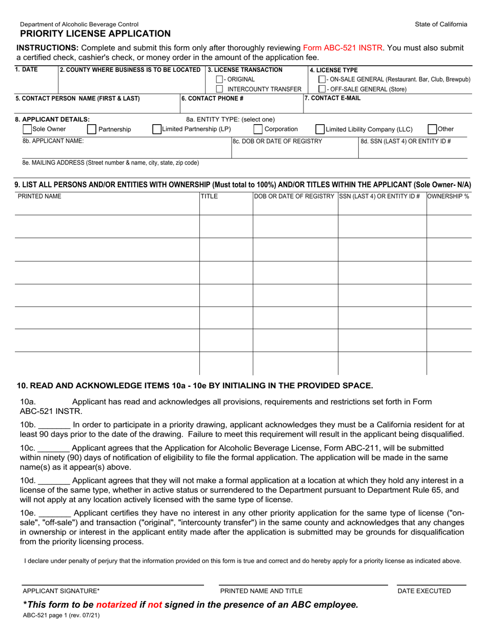 Form Abc 521 Download Fillable Pdf Or Fill Online Priority License