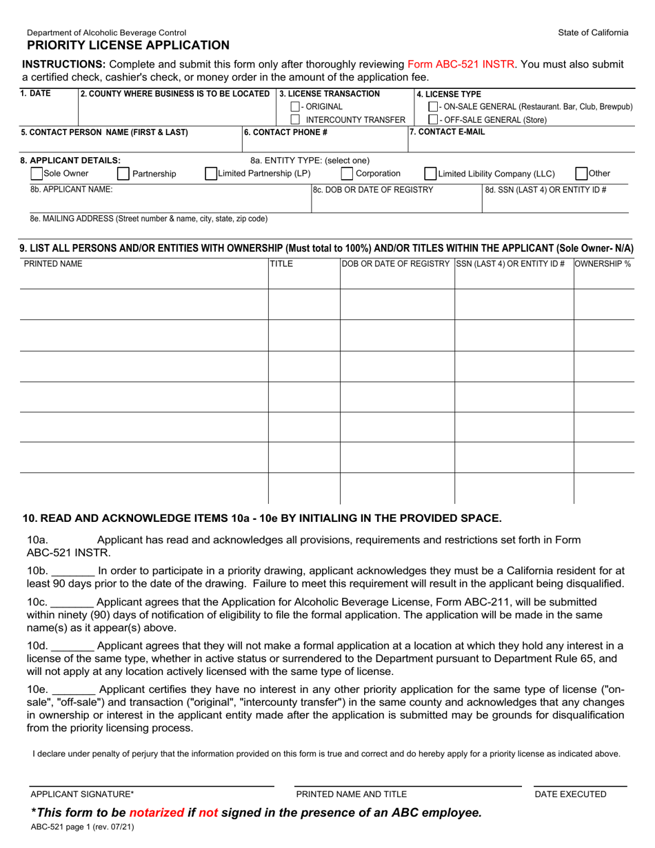 Form ABC-521 Priority License Application - California, Page 1