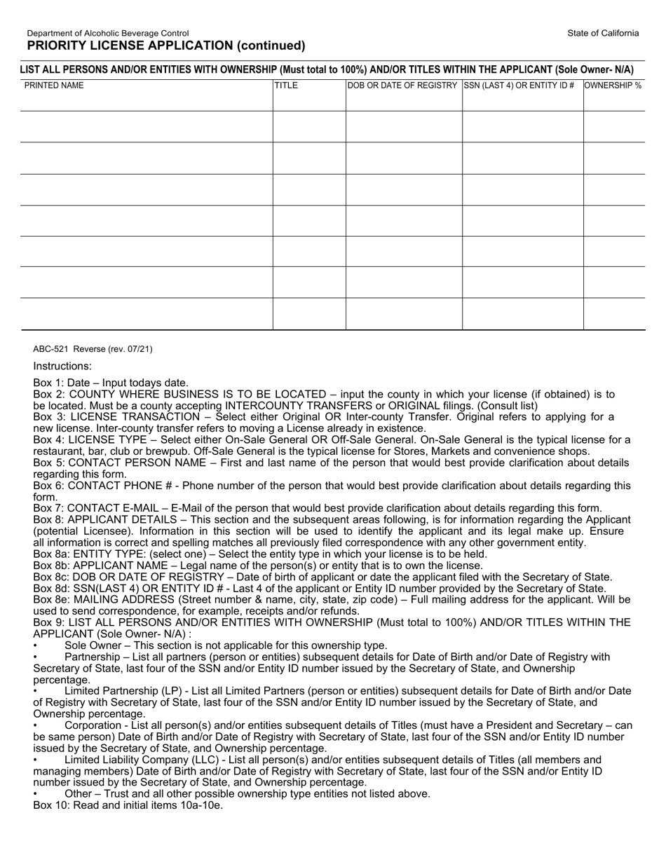 Form Abc 521 Download Fillable Pdf Or Fill Online Priority License