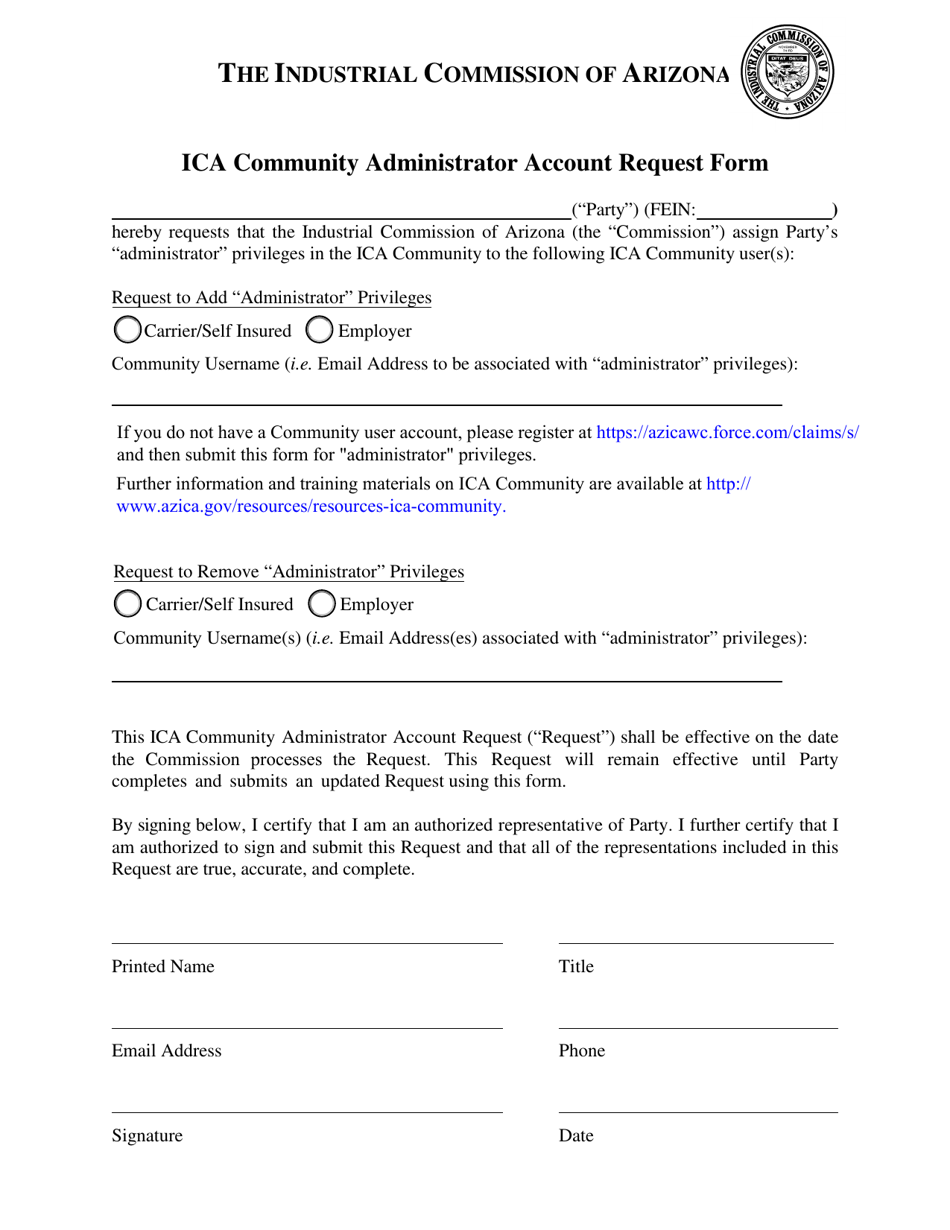 Ica Community Administrator Account Request Form - Arizona, Page 1