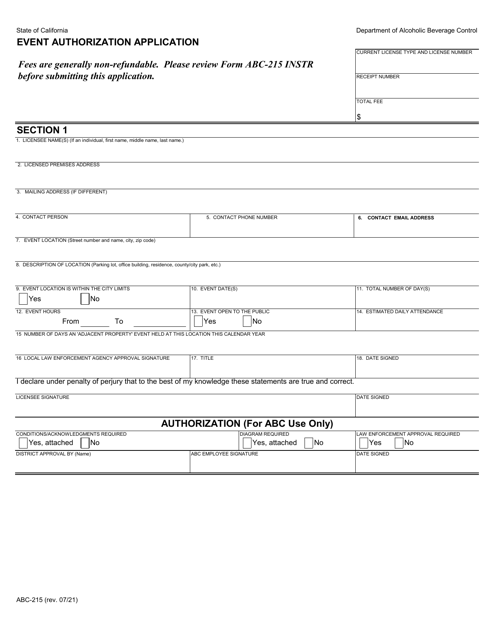 Form ABC-215 Event Authorization Application - California