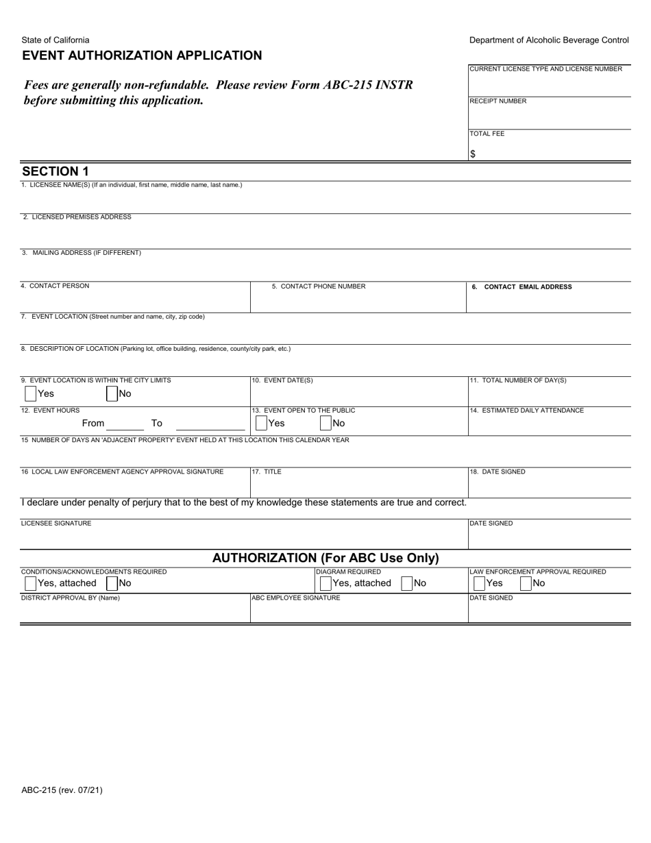 Form ABC-215 Event Authorization Application - California, Page 1