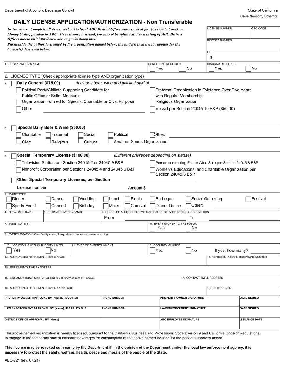 Form ABC-221 Daily License Application / Authorization - Non Transferable - California, Page 1