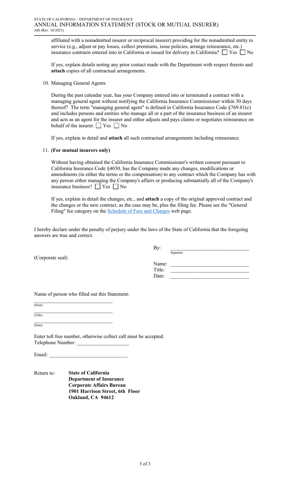 Form AIS Annual Information Statement (Stock or Mutual Insurer) - California, Page 3
