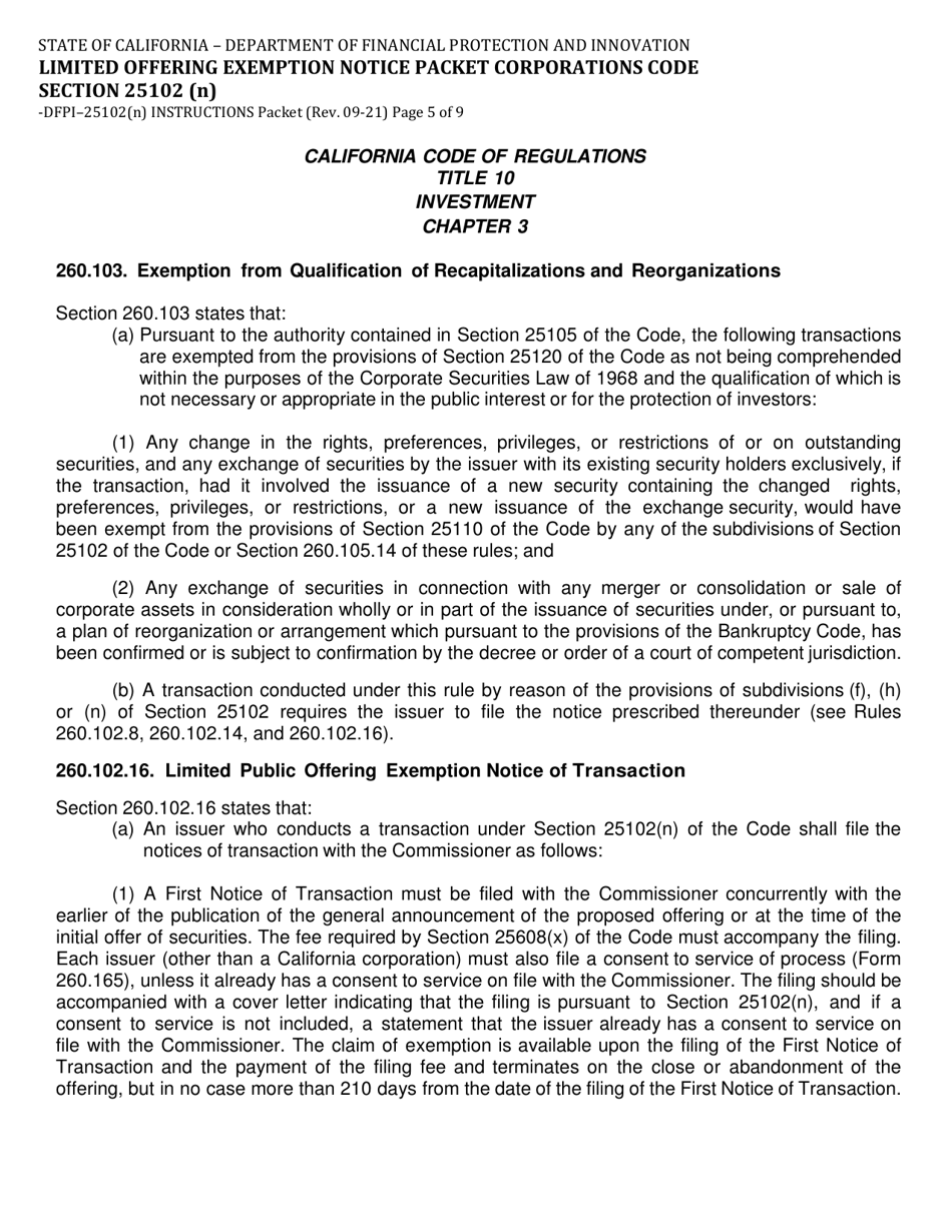 Instructions for Form DFPI-25102(N) Limited Offering Exemption Notice Packet Corporations Code Section 25102(N) - California, Page 5