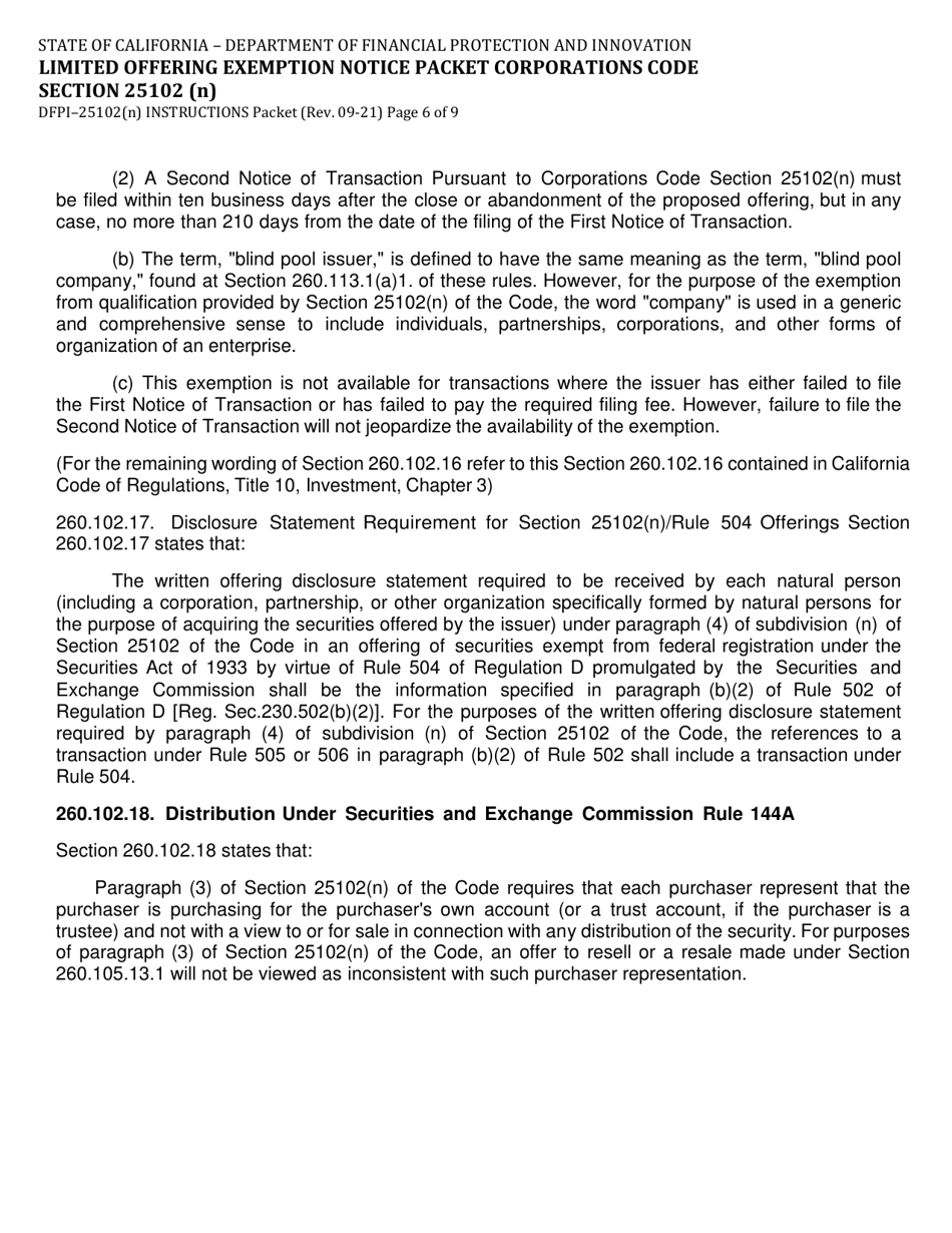Instructions for Form DFPI-25102(N) Limited Offering Exemption Notice Packet Corporations Code Section 25102(N) - California, Page 6