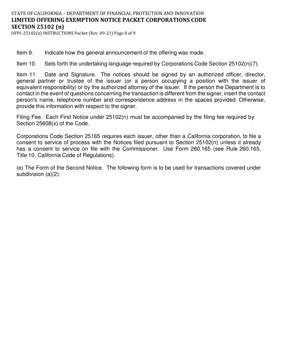 Instructions for Form DFPI-25102(N) Limited Offering Exemption Notice Packet Corporations Code Section 25102(N) - California, Page 8