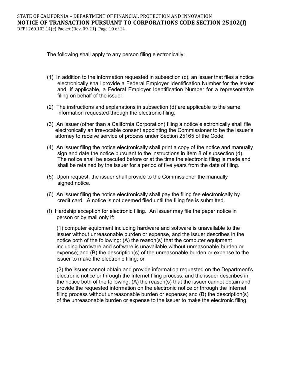 Form DFPI-260.102.14(C) Notice of Transaction Pursuant to Corporations Code Section 25102(F) - California, Page 10