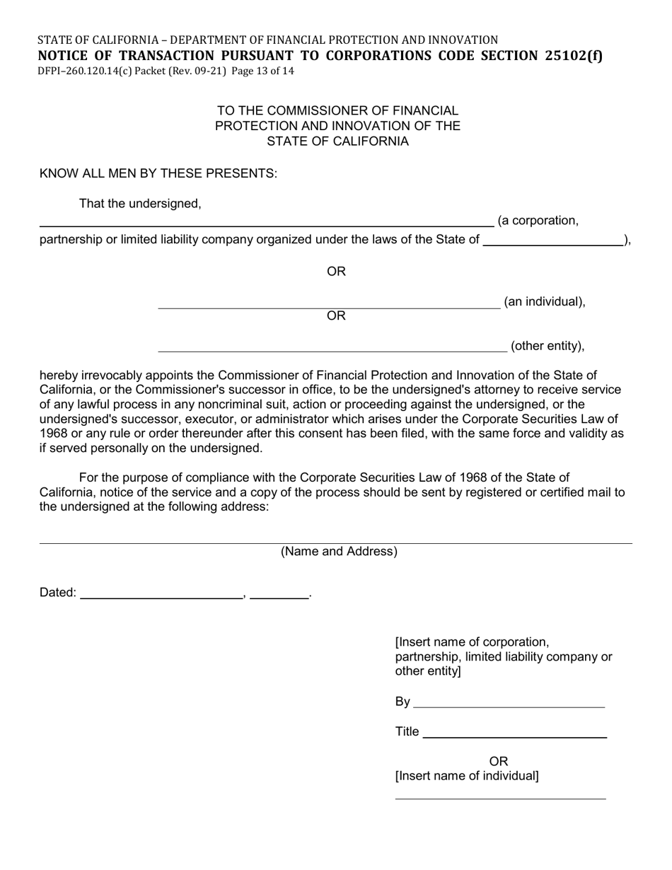 Form DFPI-260.102.14(C) Notice of Transaction Pursuant to Corporations Code Section 25102(F) - California, Page 13