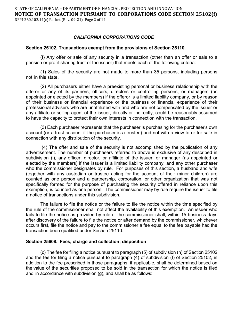 Form DFPI-260.102.14(C) Notice of Transaction Pursuant to Corporations Code Section 25102(F) - California, Page 2