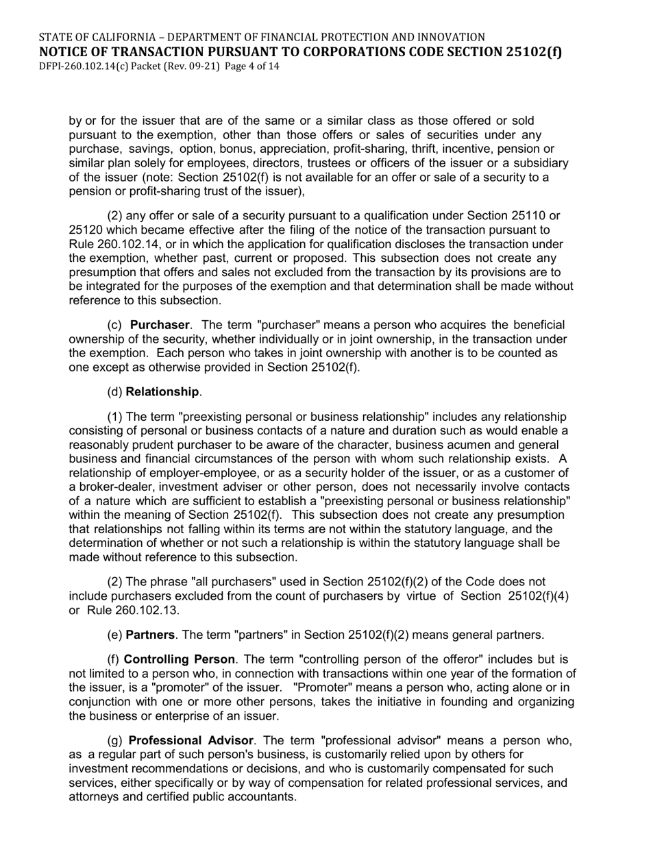 Form DFPI-260.102.14(C) Notice of Transaction Pursuant to Corporations Code Section 25102(F) - California, Page 4