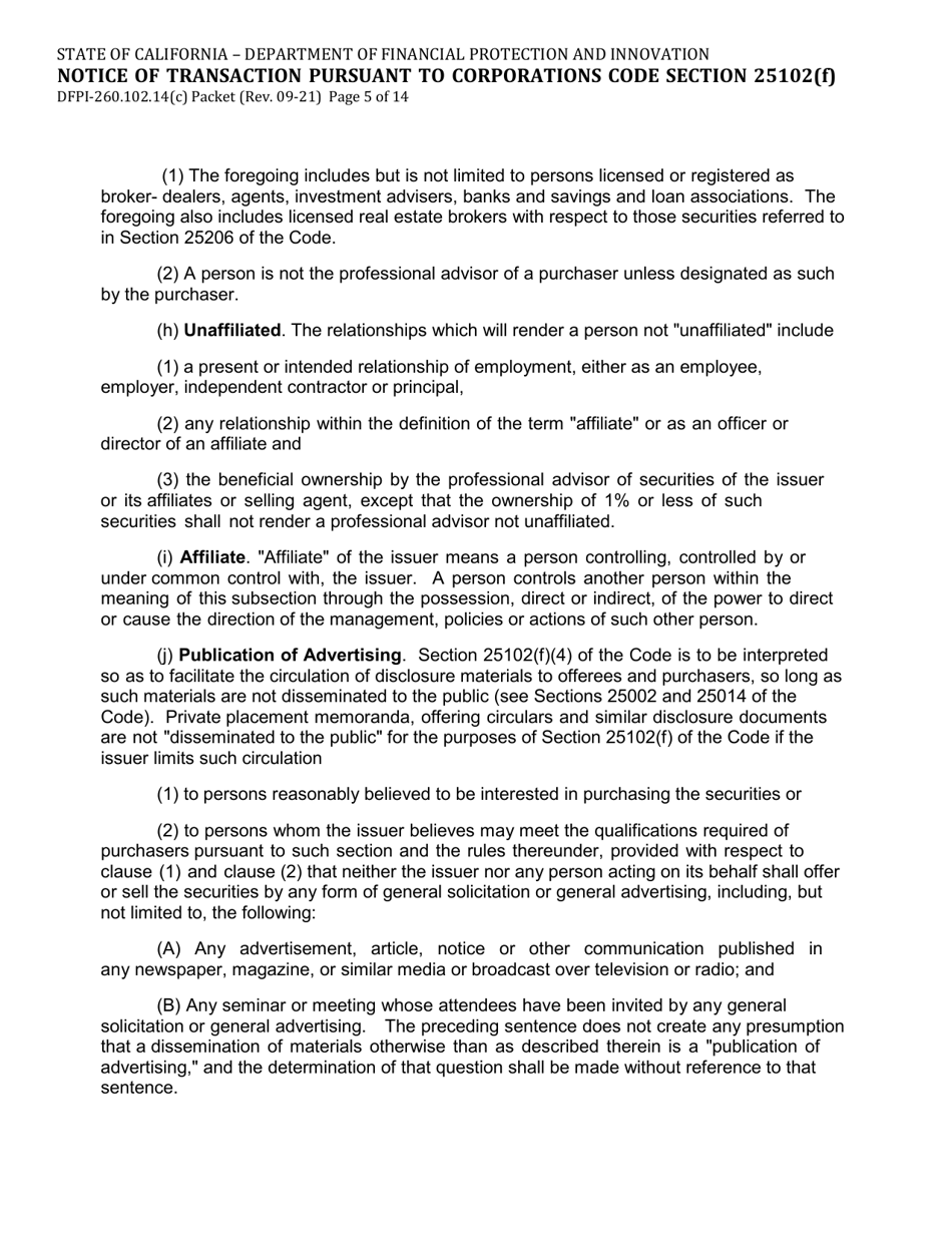 Form DFPI-260.102.14(C) Notice of Transaction Pursuant to Corporations Code Section 25102(F) - California, Page 5