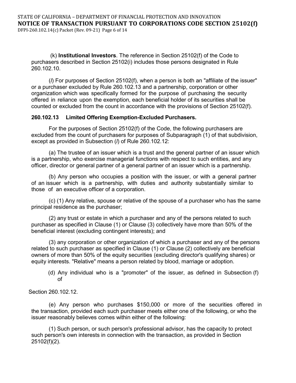 Form DFPI-260.102.14(C) Notice of Transaction Pursuant to Corporations Code Section 25102(F) - California, Page 6
