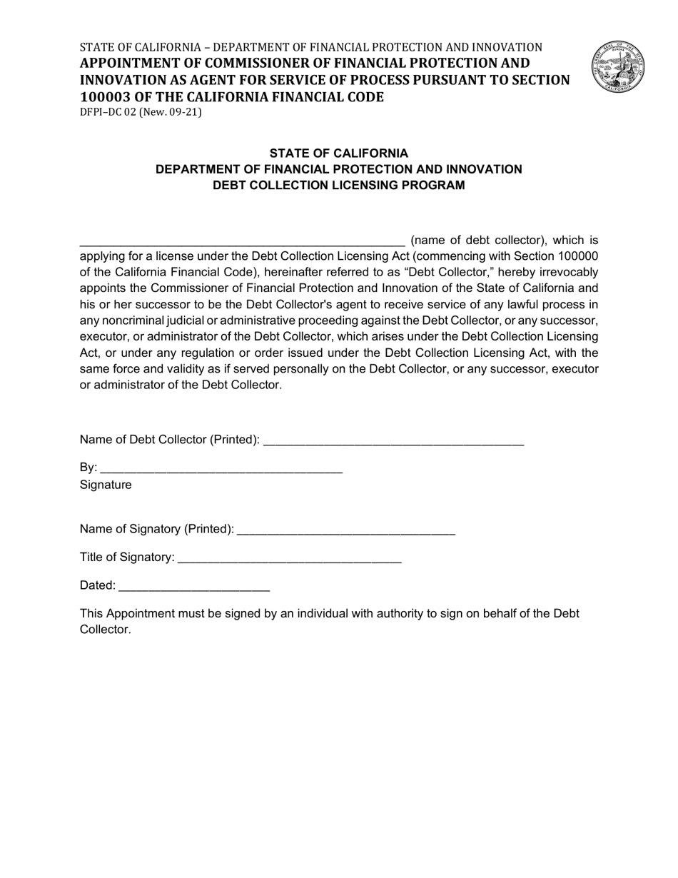 Form DFPI-DC02 Appointment of Commissioner of Financial Protection and Innovation as Agent for Service of Process Pursuant to Section 100003 of the California Financial Code - California, Page 1