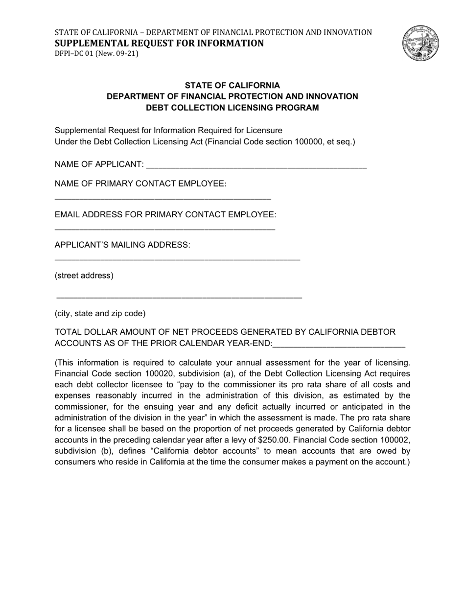 Form DFPI-DC01 Supplemental Request for Information - California, Page 1
