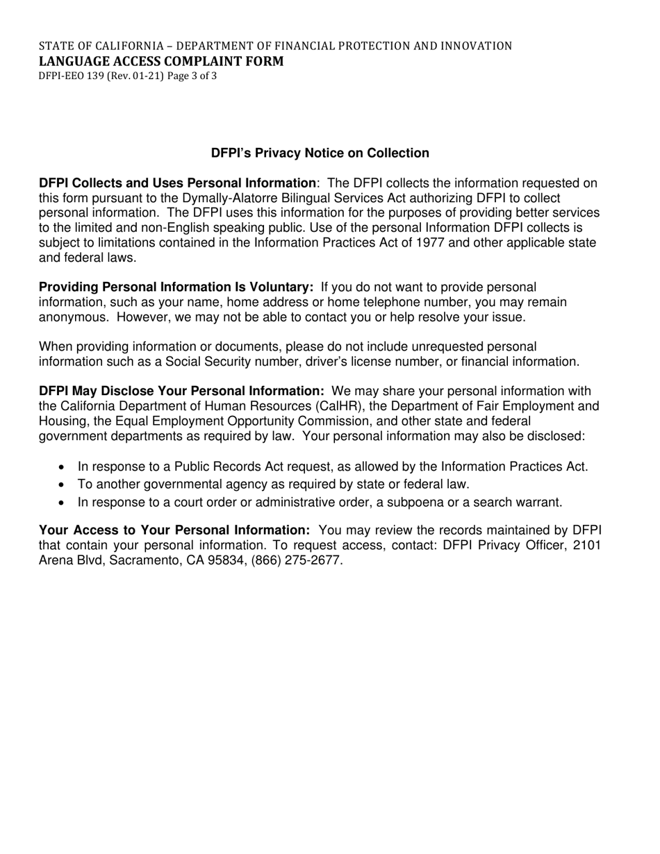 Form DFPI-EEO139 Language Access Complaint Form - California, Page 3