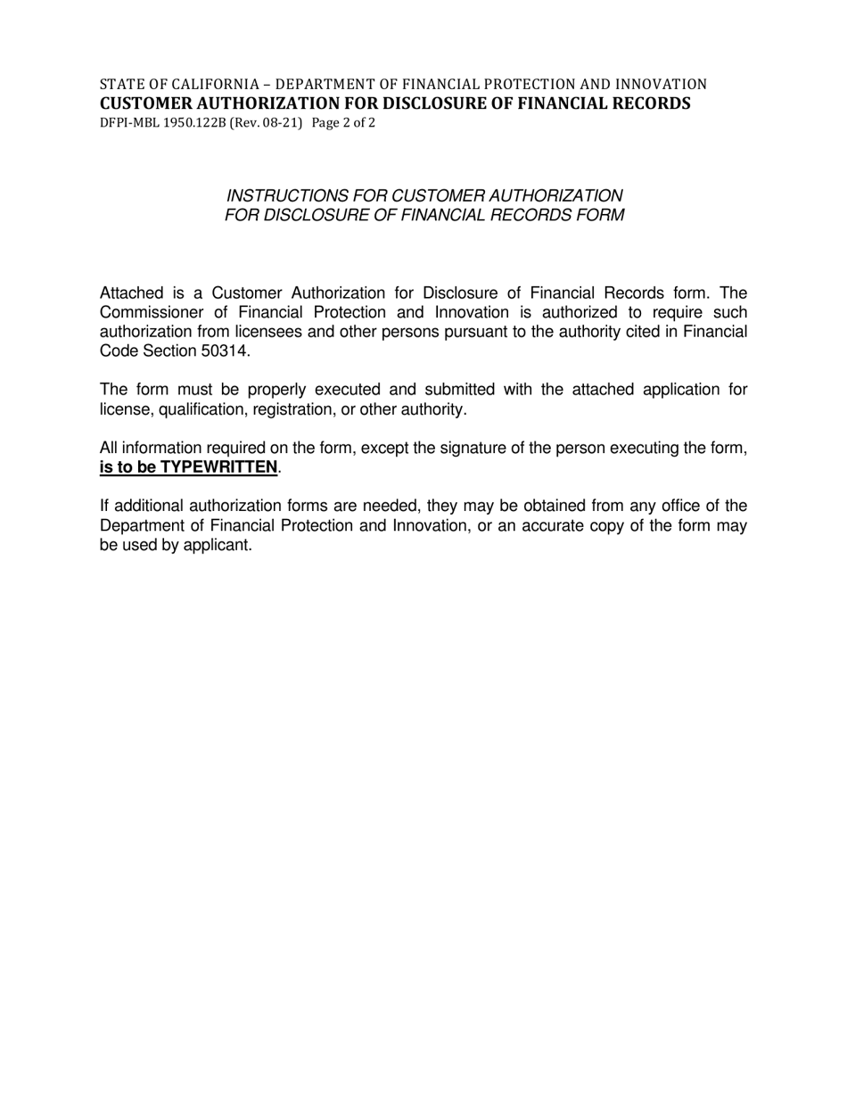Form DFPI-MBL1950.122B Customer Authorization for Disclosure of Financial Records - California, Page 2