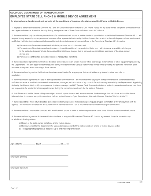 CDOT Form 1409  Printable Pdf
