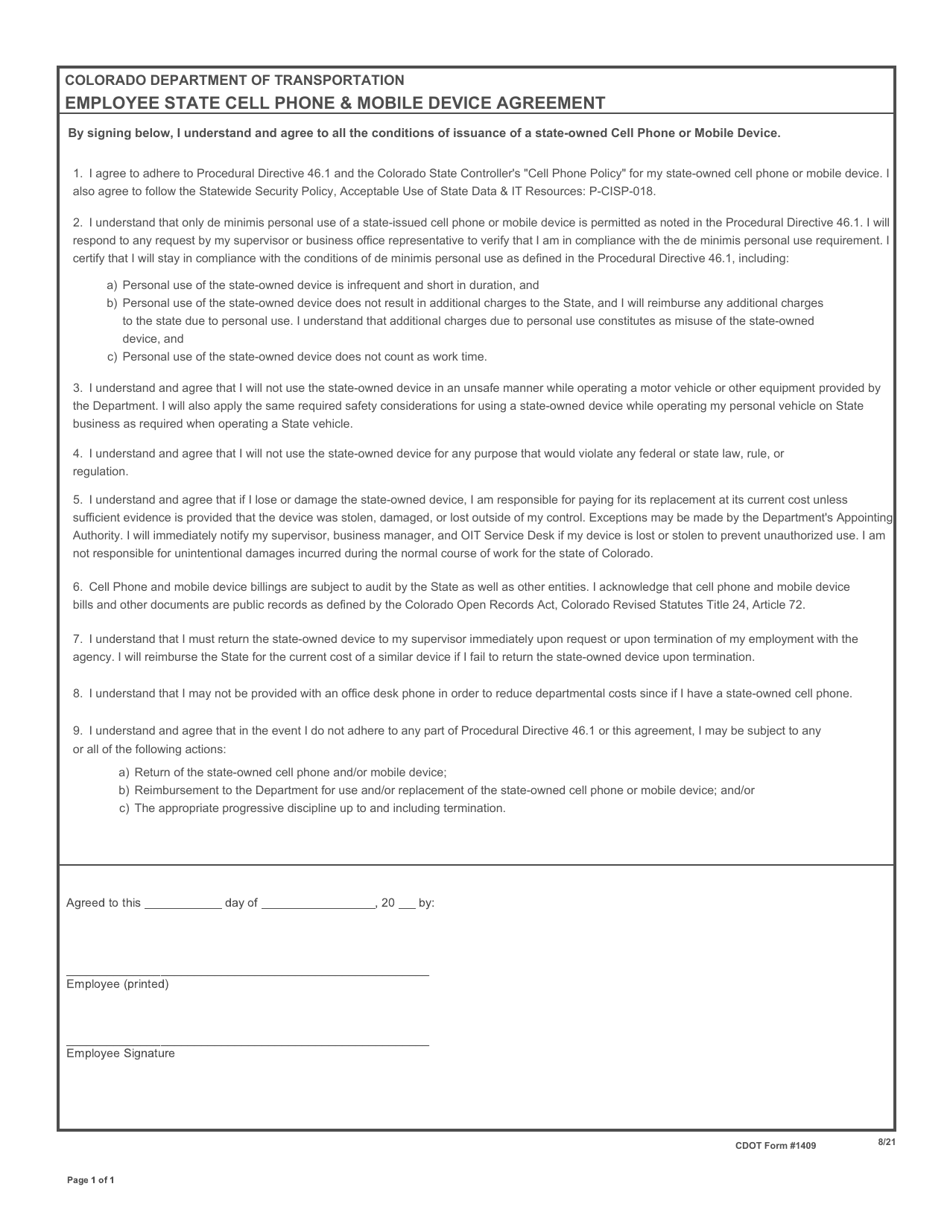 CDOT Form 1409 Employee State Cell Phone  Mobile Device Agreement - Colorado, Page 1