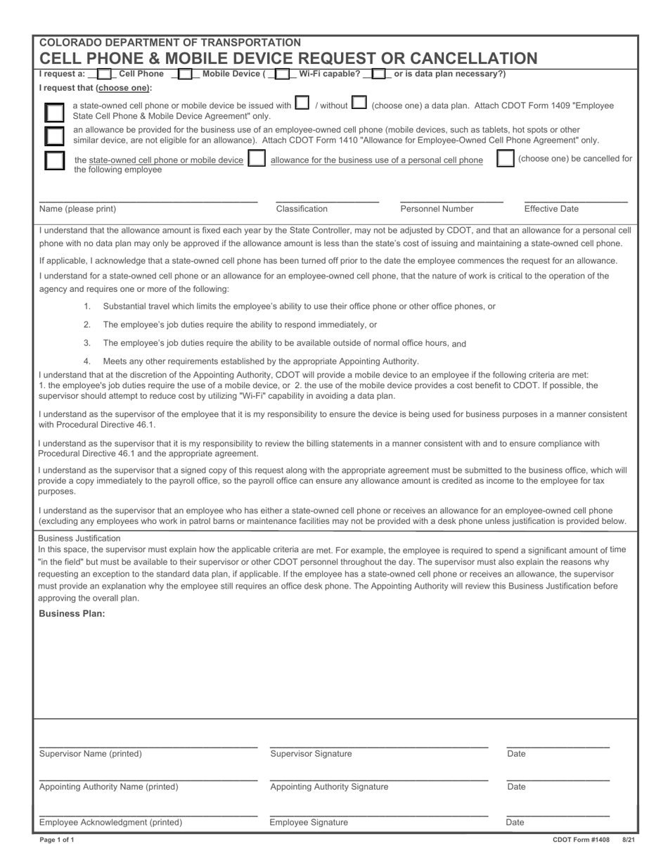 CDOT Form 1408 Cell Phone  Mobile Device Request or Cancellation - Colorado, Page 1