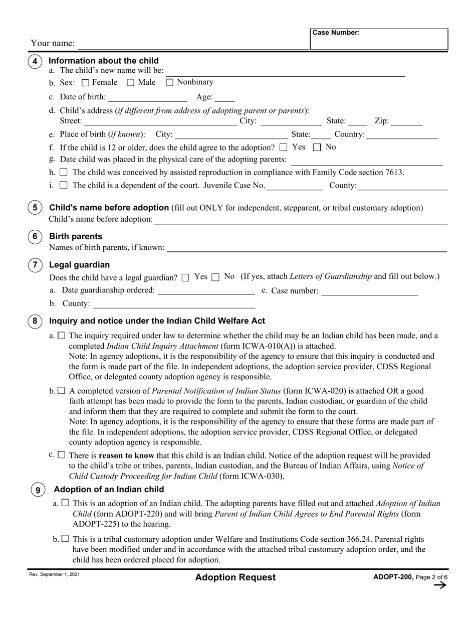 Form ADOPT-200 Adoption Request - California, Page 2