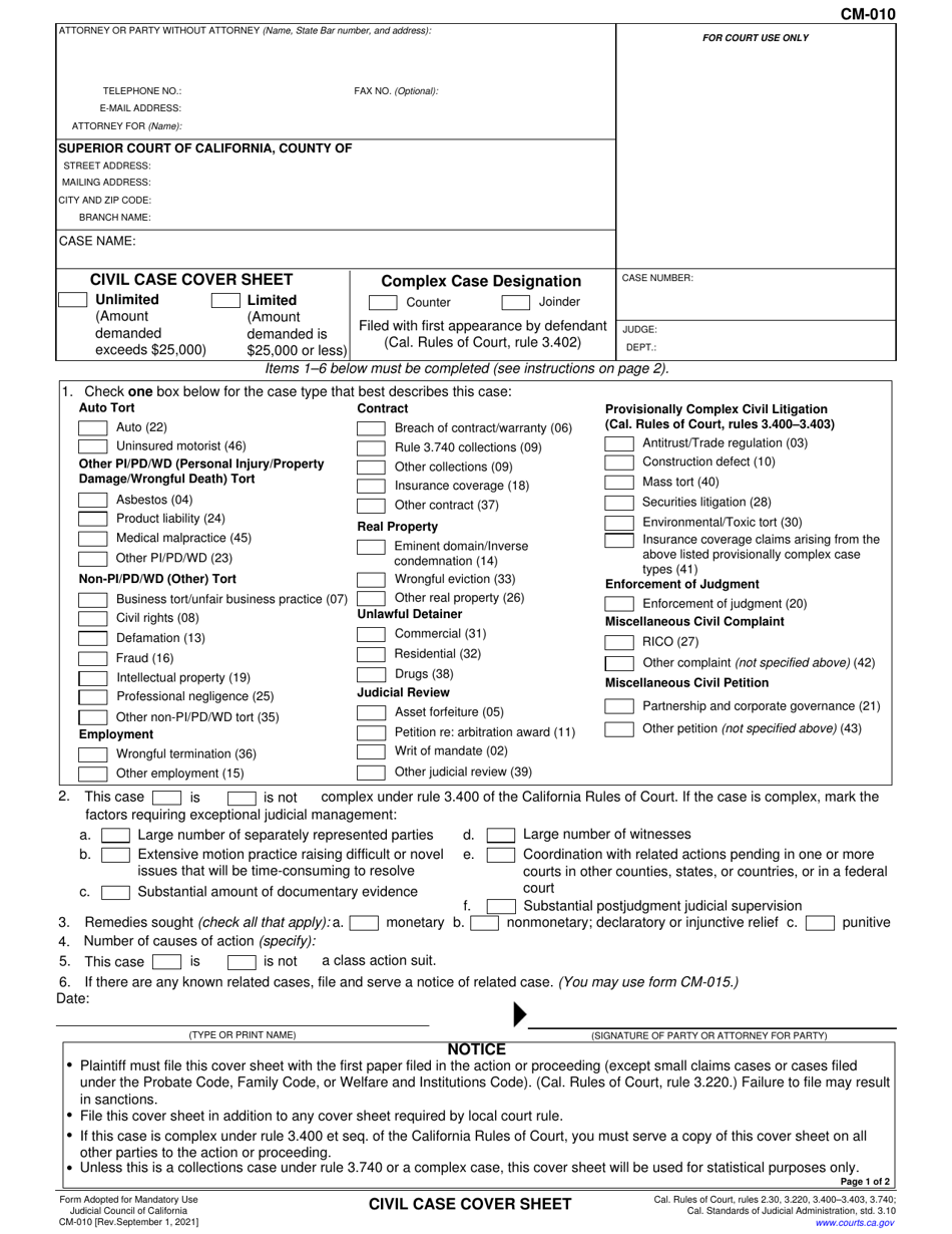 Form CM-010 Civil Case Cover Sheet - California, Page 1
