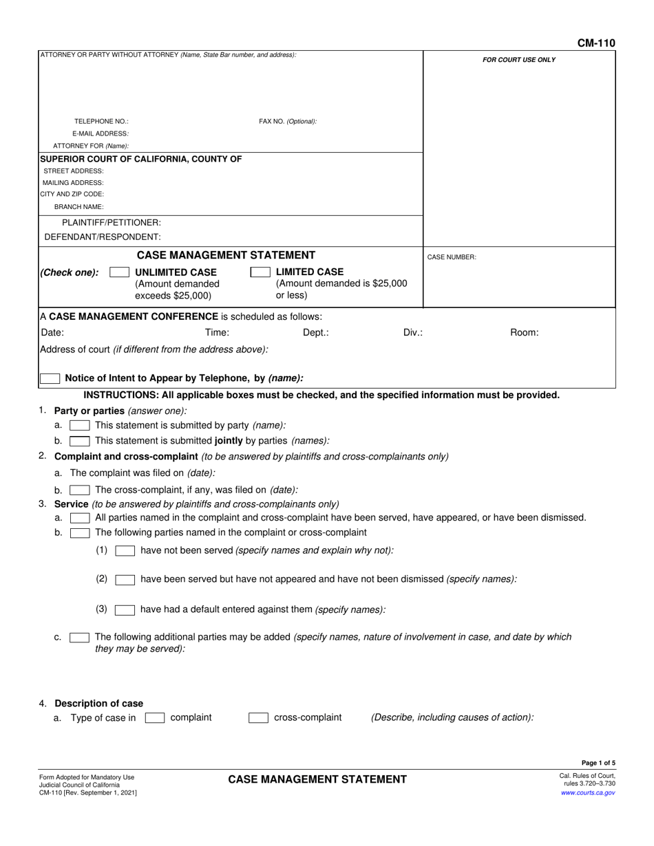 Form CM-110 Download Fillable PDF or Fill Online Case Management ...