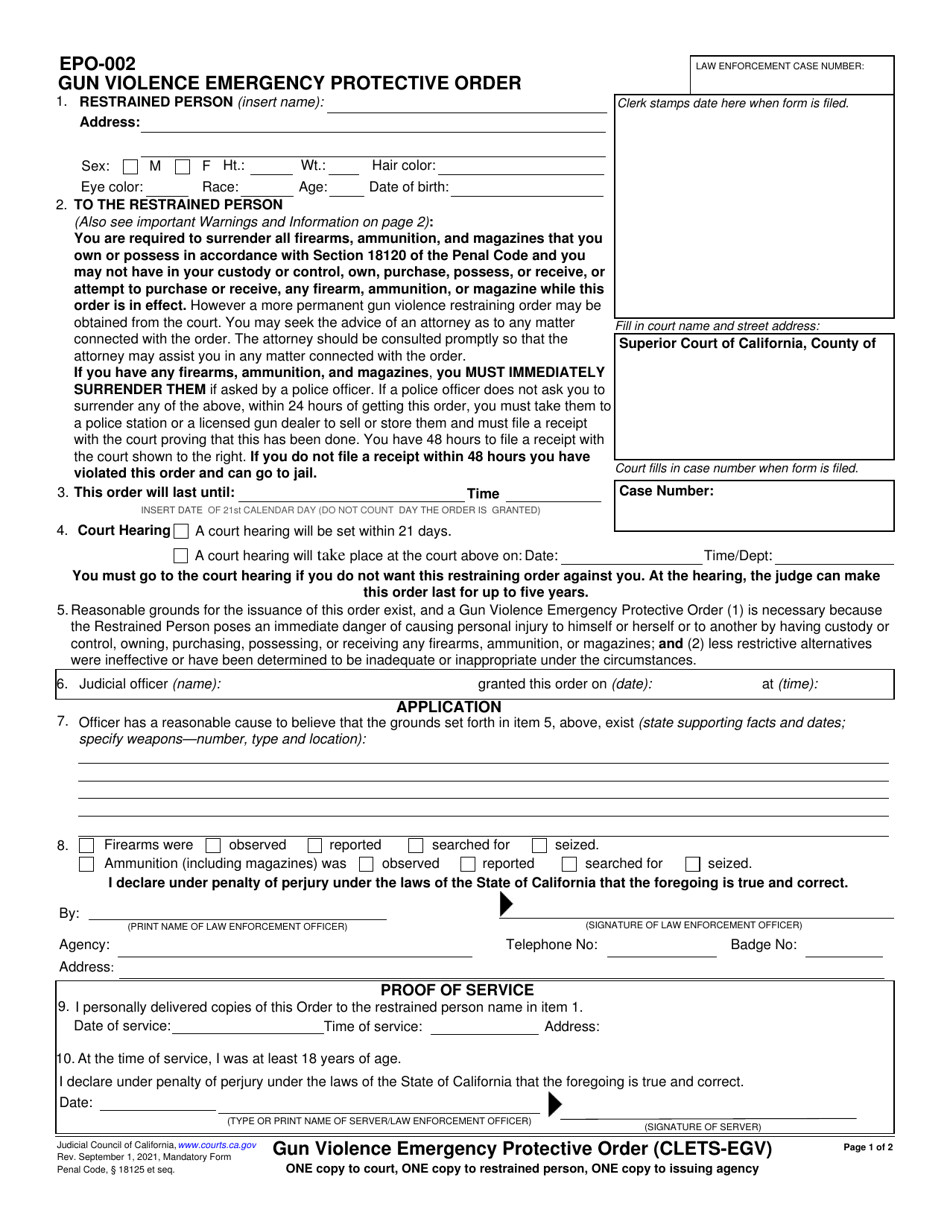 Form EPO-002 Gun Violence Emergency Protective Order (Clets-Egv) - California, Page 1