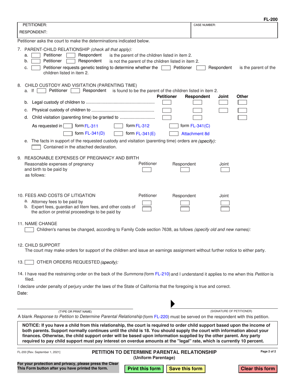 Form FL-200 Download Fillable PDF or Fill Online Petition to Determine ...