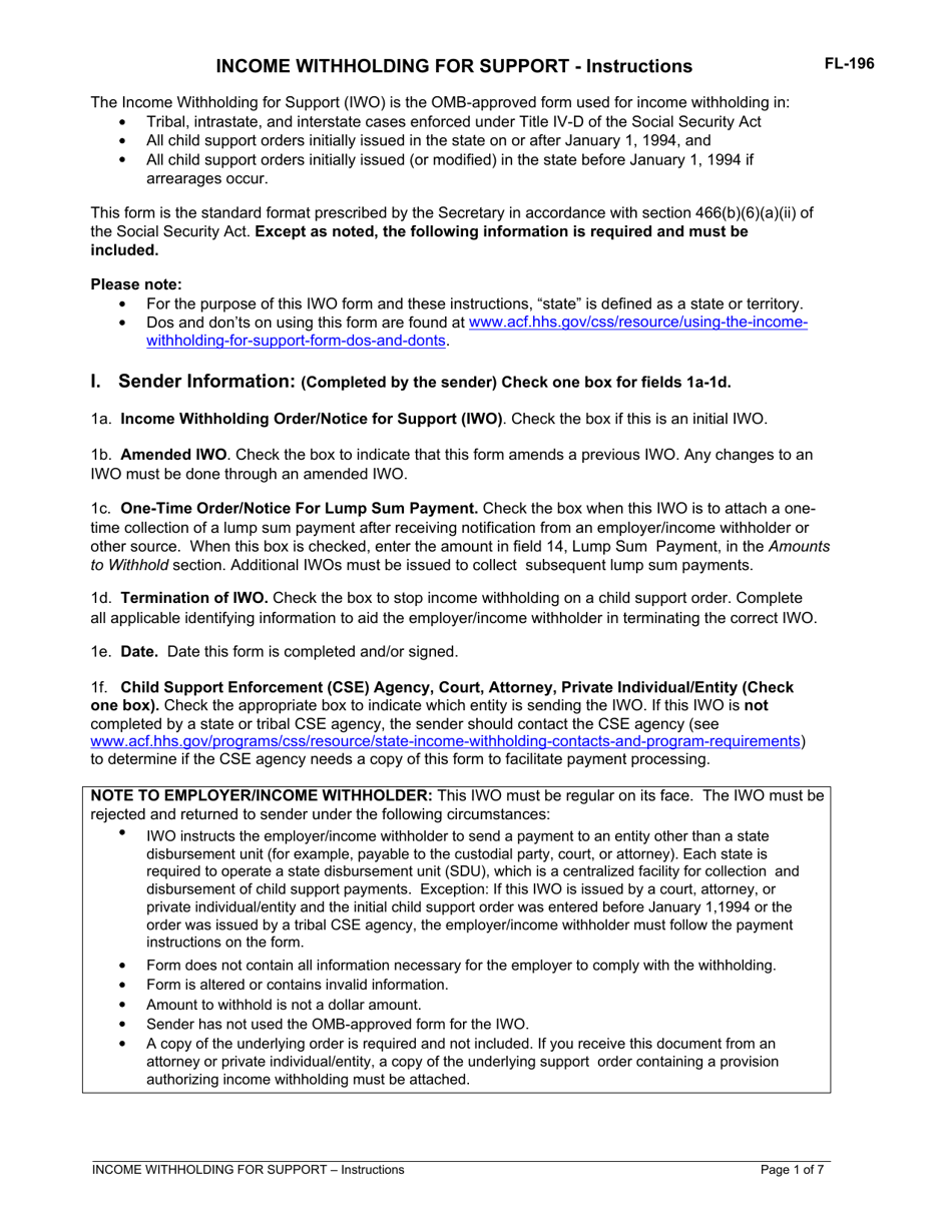 Instructions for Form FL-195 Income Withholding for Support - California, Page 1